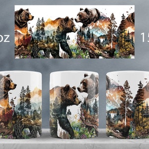 May include: Two brown bears are depicted in a watercolor style, standing in a forest setting with a mountain range in the background. The bears are partially transparent, with the forest and mountains visible through their bodies. The image is printed on a white ceramic mug, available in 11 oz and 15 oz sizes.