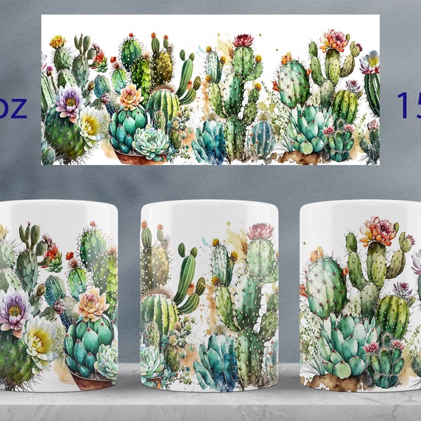 Cactus mug wrap design Succulent mug sublimation png Blossom
