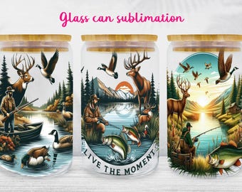 Hunting Fishing Glass Can Wrap: Libbey 16oz Sublimation Design (PNG)
