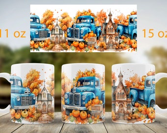 May include: White ceramic mug featuring a watercolor design of a blue vintage truck, a church, and pumpkins. The design is set against a backdrop of fall foliage. The mug is available in 11 oz and 15 oz sizes.