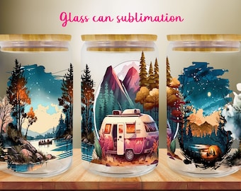 Camper Van Sublimation Wrap | Vintage Travel PNG for 16oz Glass Cans
