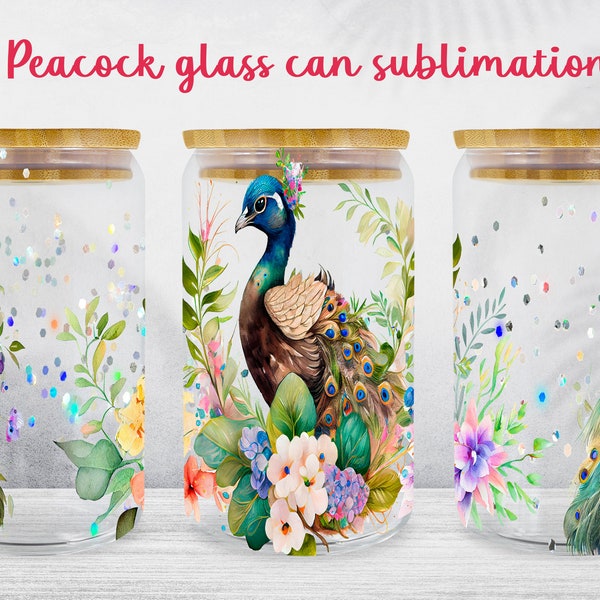 Peacock glass can wrap Floral animal libbey can sublimation