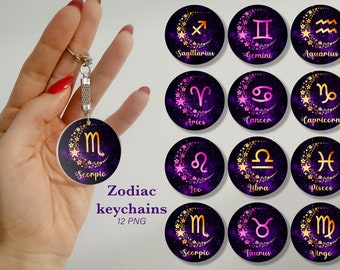 May include: Twelve zodiac sign keychains with a purple background, gold stars, and a crescent moon. Each keychain features a different zodiac symbol in gold.