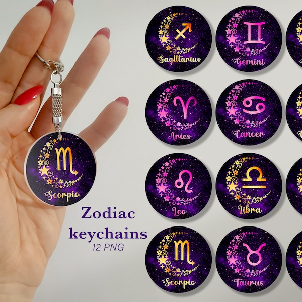 Zodiac sign Keychain Sublimation | Astrology keychains PNG design | Keychain bundle