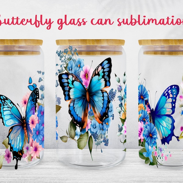 Floral glass can wrap Butterfly libbey glass can sublimation