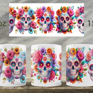 Floral skull mug wrap | Day of dead design | Gothic mug sublimation | Halloween mug png