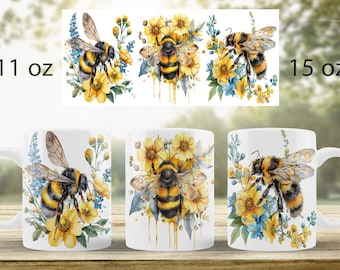 Bee mug wrap design Floral mug sublimation png Honey bees