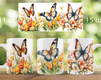 Tulips and Butterfly mug wrap design | Floral mug sublimation png
