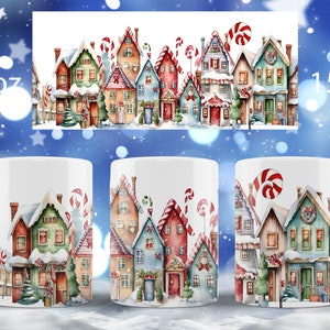 Może przedstawiać: Biały ceramiczny kubek z akwarelową ilustracją świątecznej wioski z kolorowymi domami, śniegiem i laskami cukrowymi. Dostępny w rozmiarach 11 oz i 15 oz.