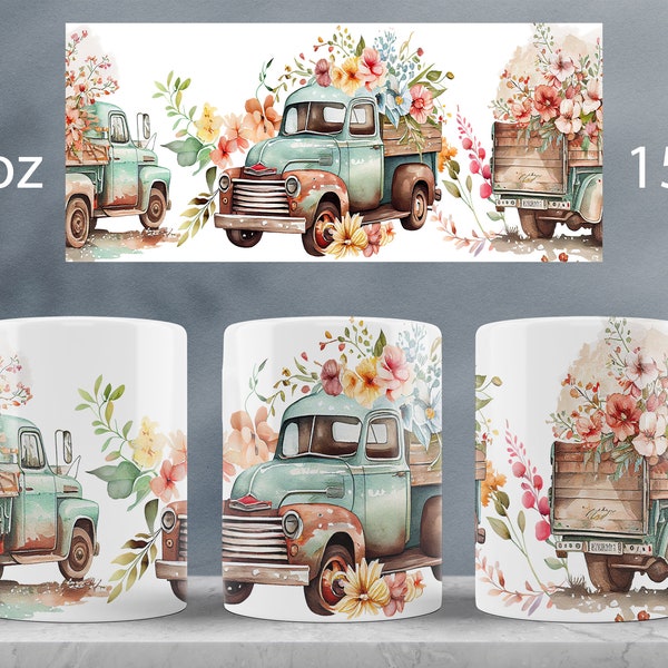 Spring floral mug wrap Vintage truck mug sublimation png