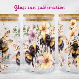 Bee glass can wrap Spring floral libbey can sublimation png