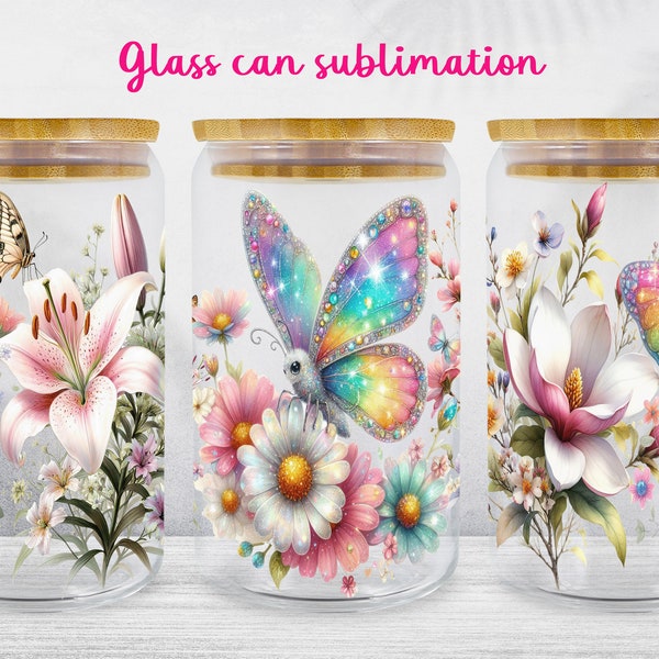 Floral glass can wrap Butterfly libbey glass can sublimation