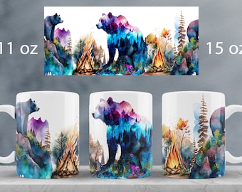 Bear mug wrap design Forest landscape mug sublimation png