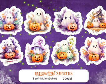 Cute cartoon ghosts sticker pack with Halloween characters PNG