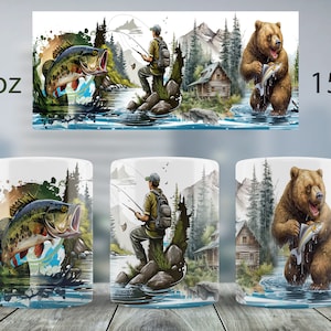 May include: Three white ceramic mugs with different designs. The first mug features a largemouth bass jumping out of the water. The second mug features a fisherman standing on a rock in a river. The third mug features a brown bear holding a fish in its paws. All three mugs have a forest scene in the background.