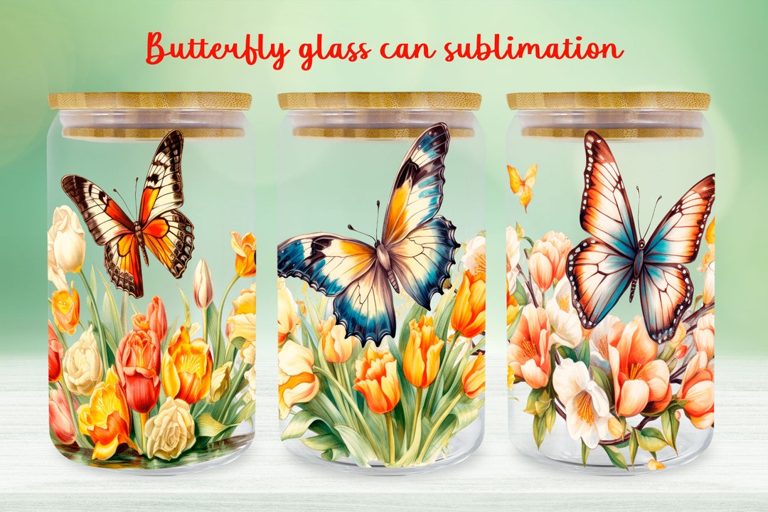 Floral Butterfly Glass Can Wrap: 16oz Libbey Sublimation Design - Etsy