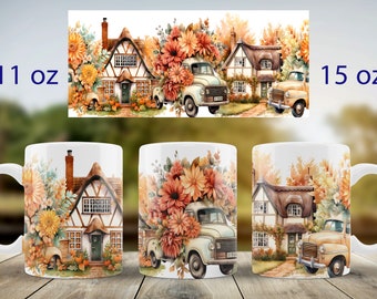 Fall Truck Mug Wrap Design, Autumn Landscape Sublimation (PNG)