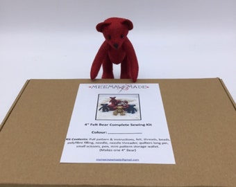 Kit - 4" Mini Jointed Felt Bear Complete Sewing Kit- 9 Colour Choices