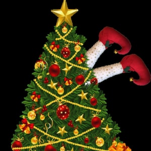 May include: A decorated Christmas tree with red and gold ornaments, a gold star on top, and a pair of elf legs sticking out from behind the tree. There are several wrapped gifts at the base of the tree.