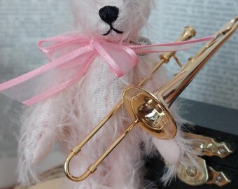Limited Edition Pink Mohair Miniature Jointed Musician Bear with Trombone and Case