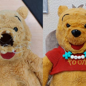 May include: A side-by-side comparison of a Winnie the Pooh plush toy. The left side shows the damaged toy with a torn face. The right side shows the restored toy wearing a red sweater with the word "Pooh".