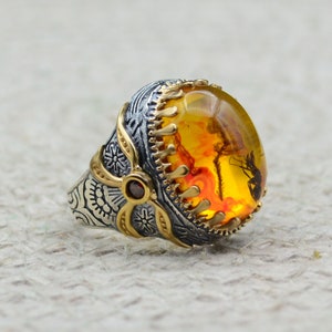 925 Sterling Silver Men's Ring Turkish Handmade Jewelry Fosil Amber ...