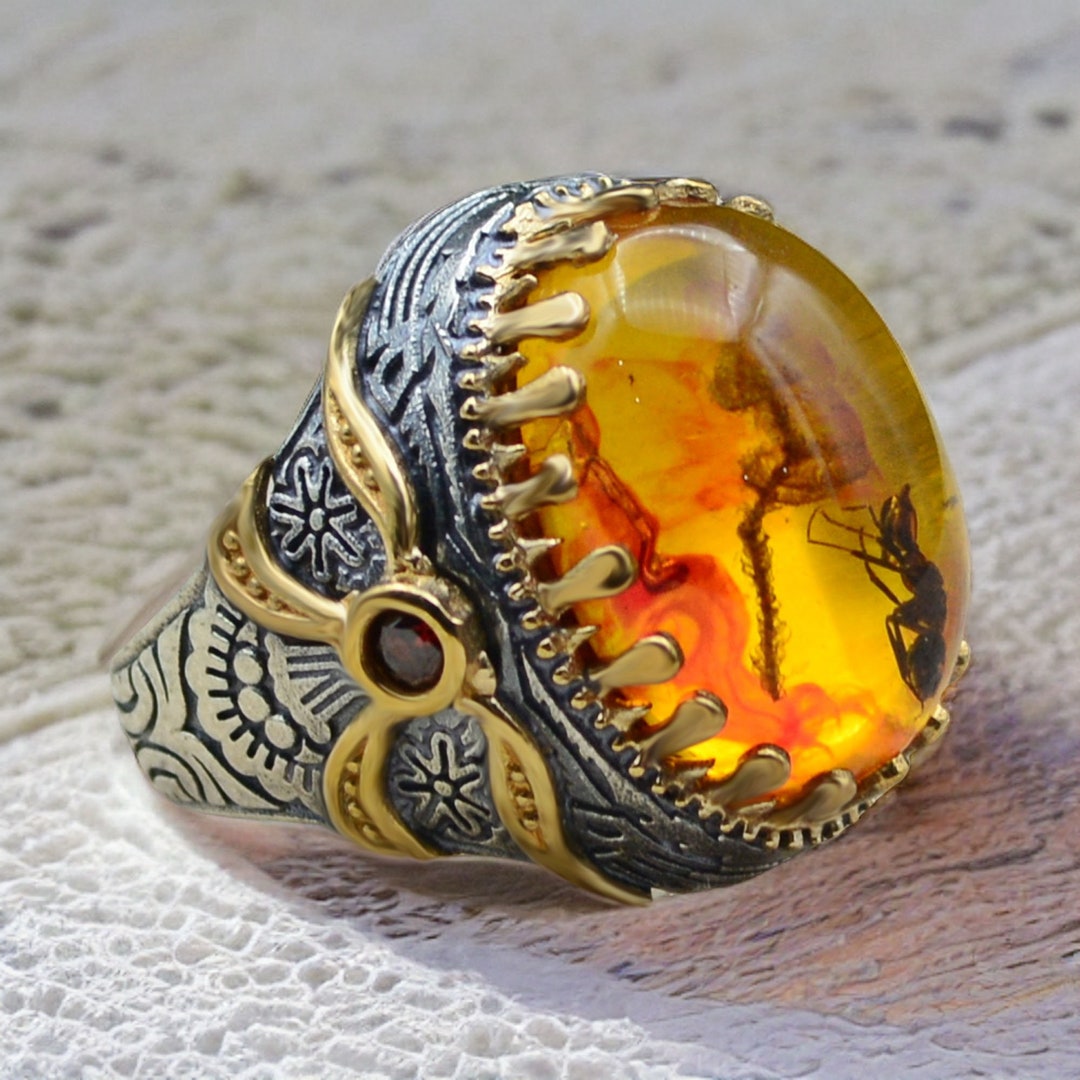 925 Sterling Silver Men's Ring Turkish Handmade Jewelry Fosil Amber ...