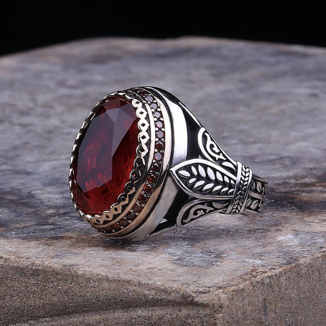 Statement Men's Ring With Ruby Stone, Turkish Handmade 925 Silver