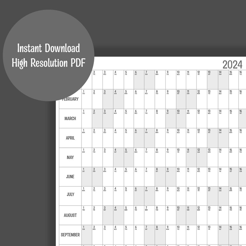 2024 Horizontal Full Year Wall Planner, Printable PDF, A4,A3,A2 & A1