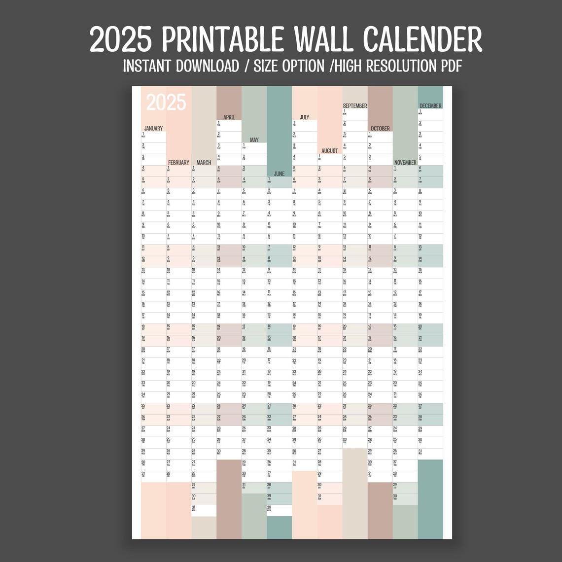 2025 Vertical Full Year Wall Planner, Printable PDF, A4,A3,A2 & A1