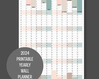 2024 verticale volledige jaarmuurplanner, afdrukbare PDF, A4, A3, A2 & A1 planner, jaarkalender, 12 maanden, direct downloaden, minimalistisch ontwerp