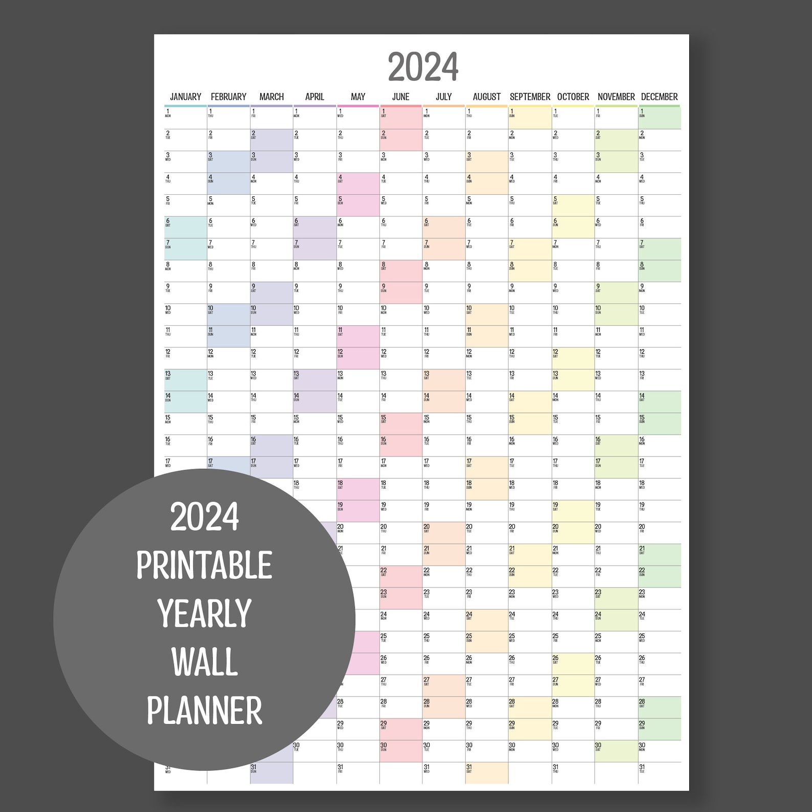 2024 Vertical Full Year Wall Planner, Printable PDF, A4,A3,A2 & A1 ...