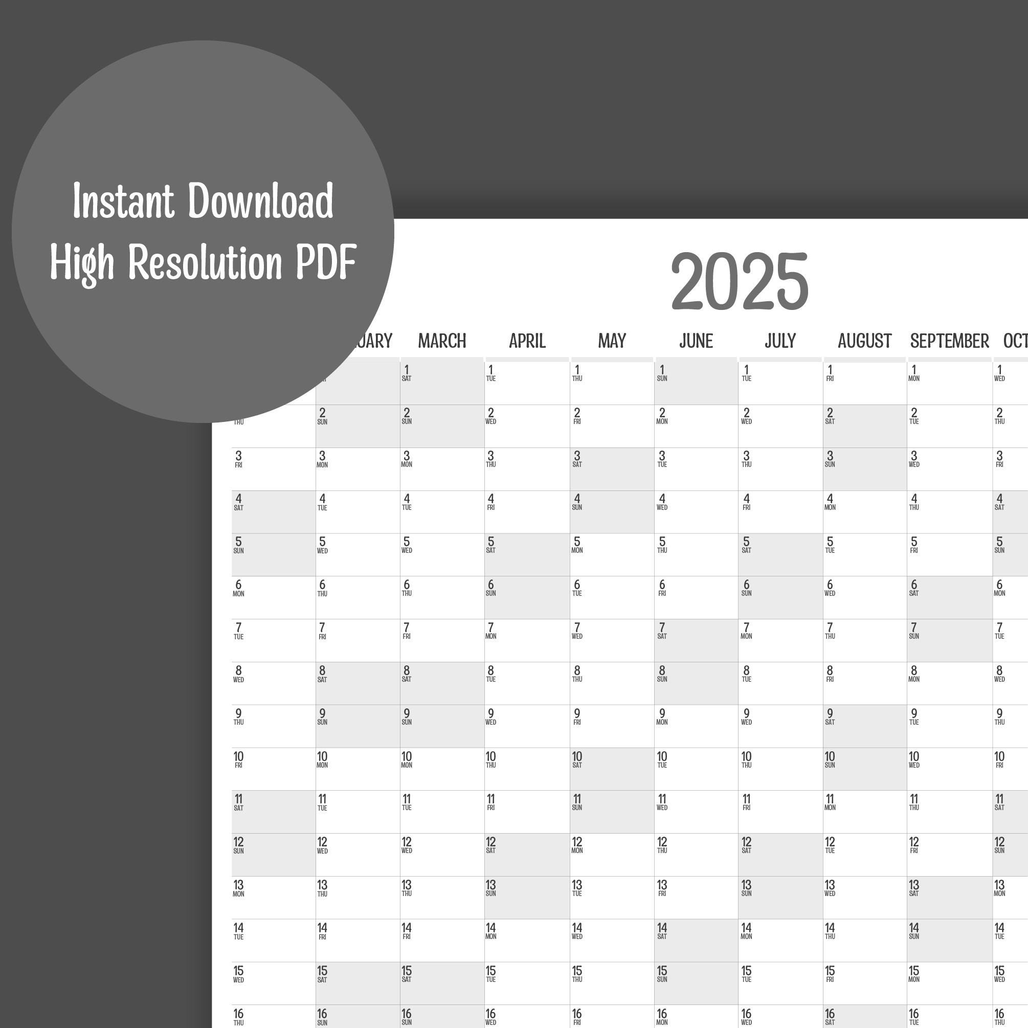 2025 Vertical Full Year Wall Planner, Printable PDF, A4,A3,A2 & A1