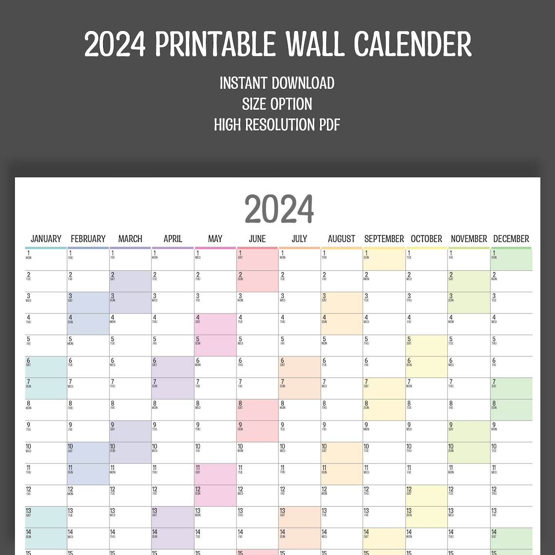 2024 Vertical Full Year Wall Planner, Printable PDF, A4,A3,A2 & A1 ...