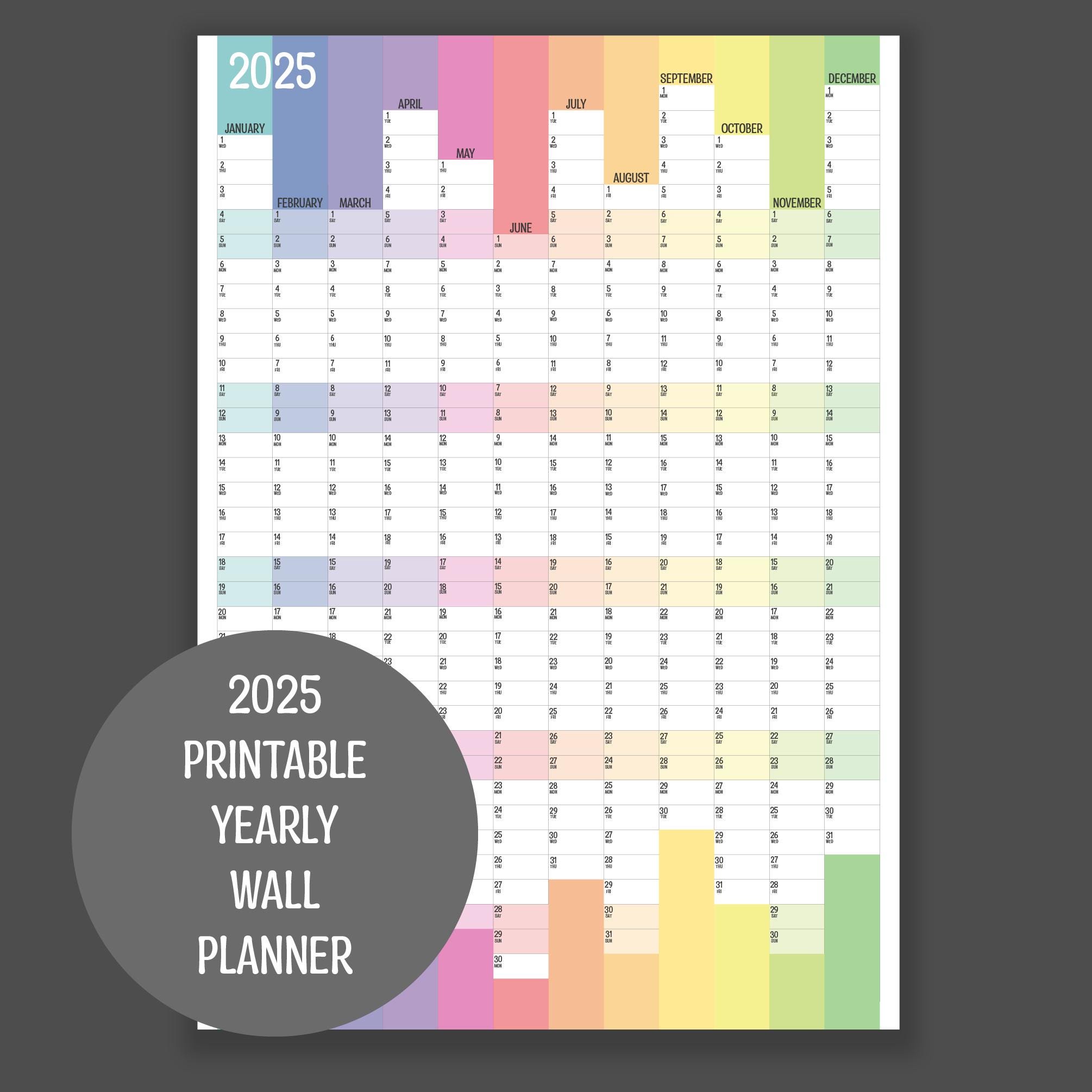 2025 Vertical Full Year Wall Planner, Printable PDF, A4,A3,A2 & A1