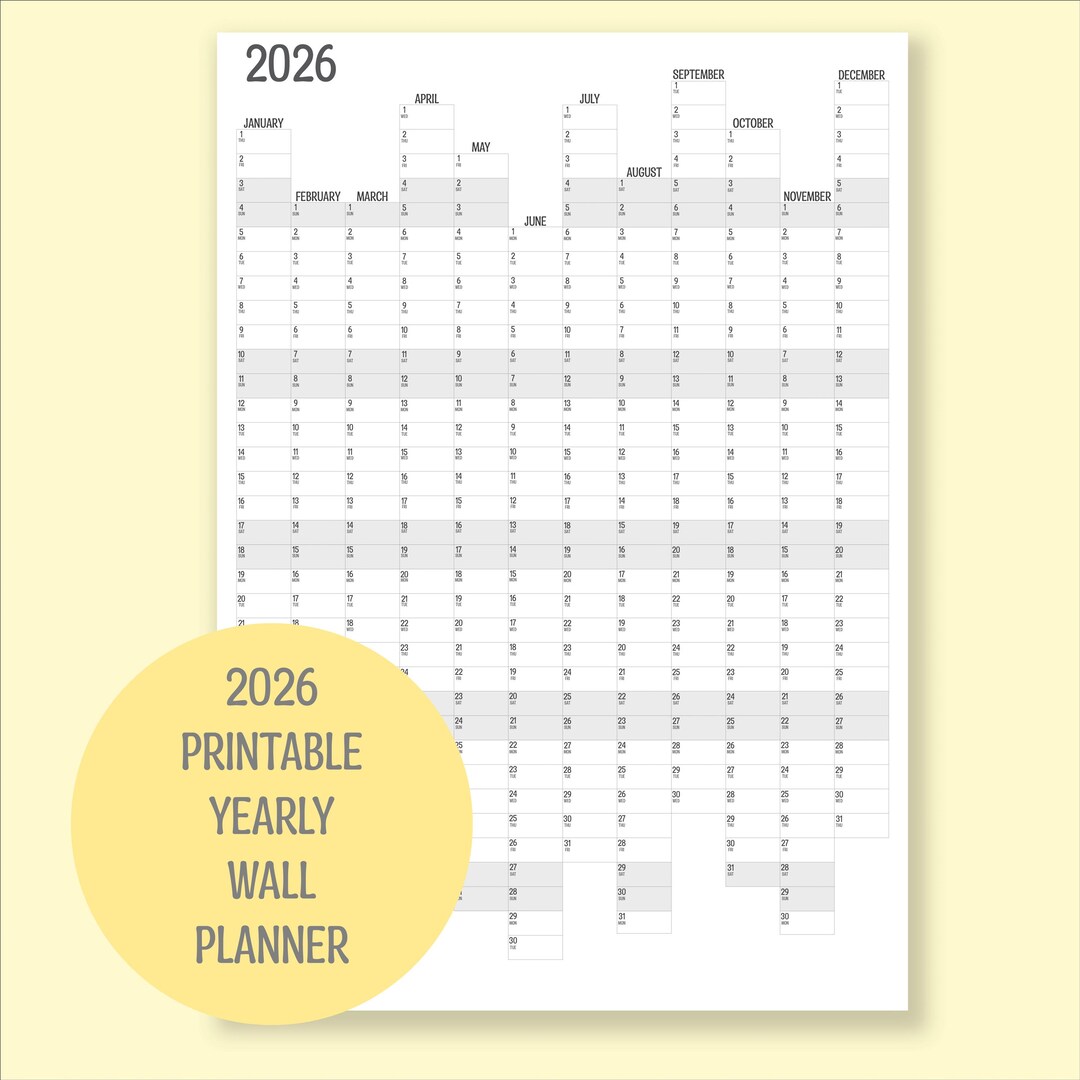2026 Vertical Full Year Wall Planner, Printable PDF, A4,A3,A2 & A1