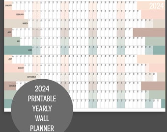 2024 Horizontal Full Year Wall Planner, Printable PDF, A4,A3,A2 & A1 Planner, Natural Colours, 12 Month, Instant Download, Minimalist Design