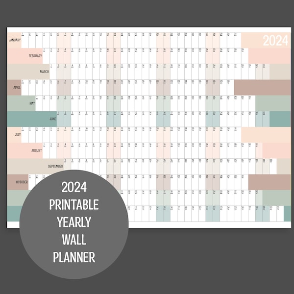 2024 Horizontal Full Year Wall Planner, Printable PDF, A4,A3,A2 & A1 Planner, Natural Colours, 12 Month, Instant Download, Minimalist Design