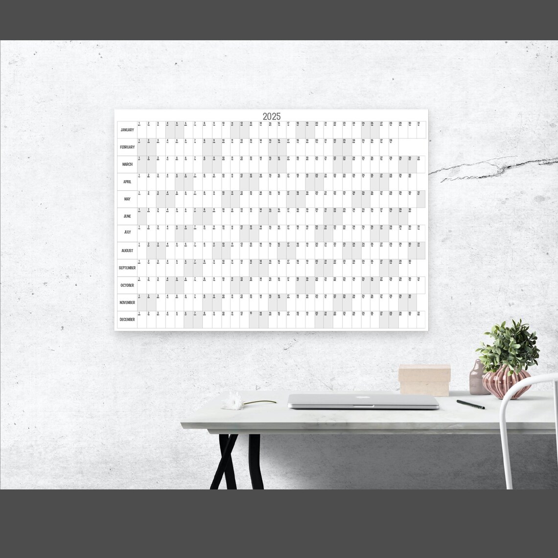 2025 Horizontal Full Year Wall Planner, Printable PDF, A4,A3,A2 & A1