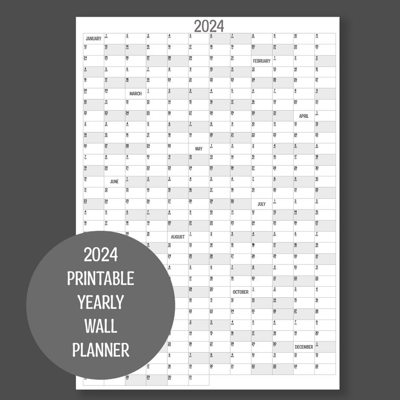 2024 Vertical Full Year Wall Planner, Printable PDF, A4,A3,A2 & A1 ...