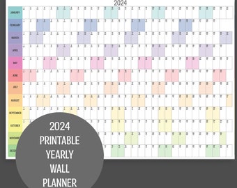 2024 Horizontal Full Year Wall Planner, Printable PDF, A4,A3,A2 & A1 Planner, Rainbow Colours, 12 Month, Instant Download, Minimalist Design