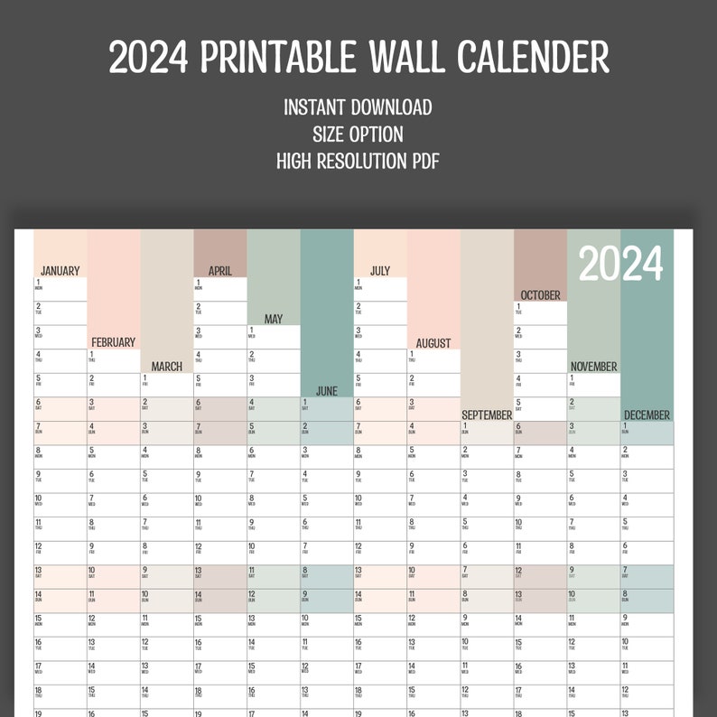 2024 Vertical Full Year Wall Planner, Printable PDF, A4,A3,A2 & A1