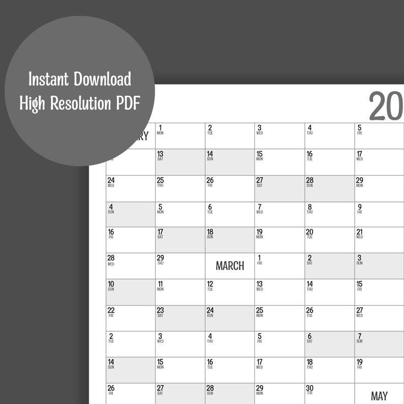 2024 Vertical Full Year Wall Planner, Printable PDF, A4,A3,A2 & A1 ...