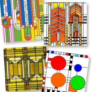 May include: A set of four square coasters featuring distinct geometric patterns. One displays vertical stripes in blue, green, yellow, and pink. Another shows orange chevron motifs. A third has a yellow and green grid. The fourth features red, orange, blue, and green circles on a white background.