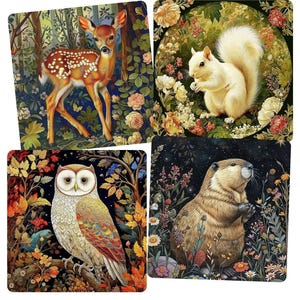 May include: Four square decorative coasters featuring woodland creatures. The coasters depict a fawn in a forest, a white squirrel surrounded by flowers, an owl perched on a branch, and a beaver in a field of flowers.