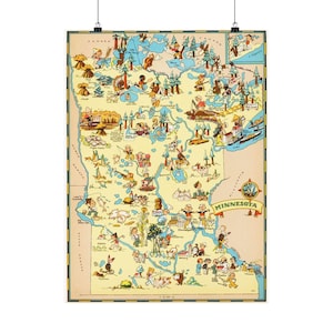 May include: A vintage-style poster of a map of Minnesota, featuring cartoon illustrations of people and landmarks. The map is in shades of yellow, blue, and green, with the word "Minnesota" prominently displayed.