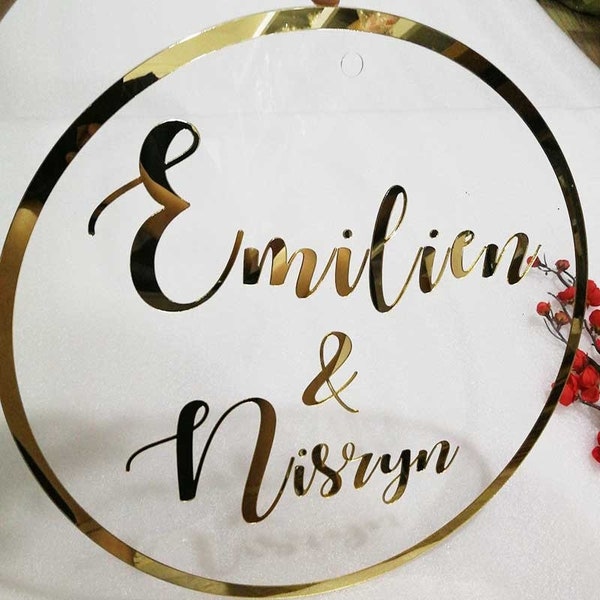 Neuer Gold Spiegel Hochzeitsschild Hoop Style Kreis mit Namen Wandschild personalisiert Mr&Mrs Hochzeit Foto Requisiten Kulisse Dekore