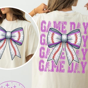 Lazo morado de béisbol del día del juego Png, diseño de sublimación de lazo de béisbol, lazo de coqueta Png, mamá de béisbol Png, mamá de béisbol retro Png, día del juego Png