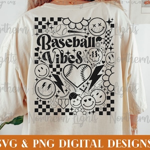 Retro Baseball Vibes Svg, Baseball Svg, Svg de Baseball avant et arrière, téléchargement numérique, Baseball Vibes Svg, Smile Face Baseball Svg