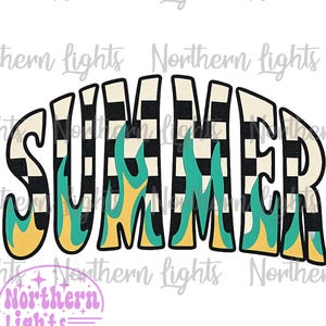 May include: A graphic design featuring the word "SUMMER" in black outlined letters with a checkered background and yellow and teal flames.